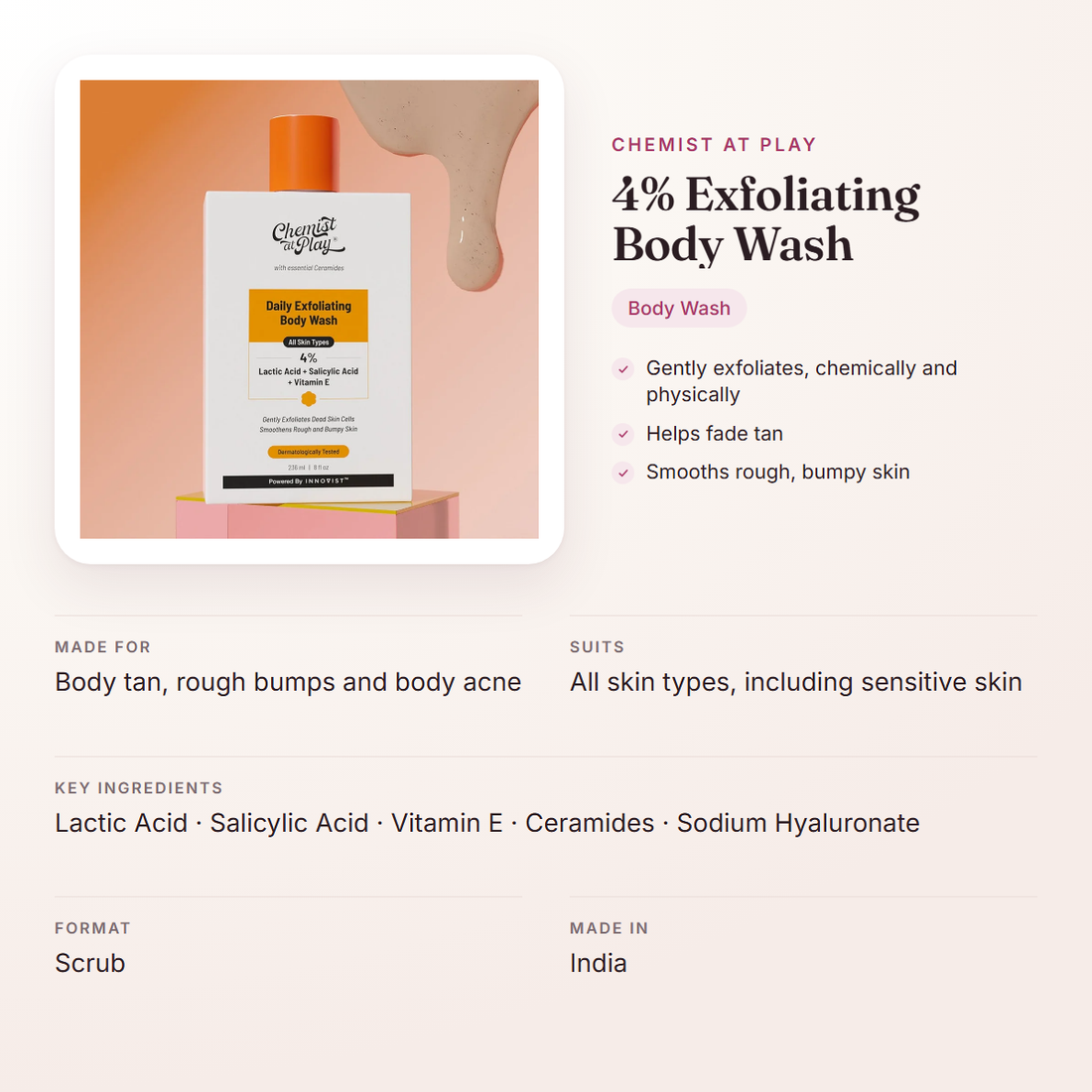 Chemist At Play 4% Exfoliating Body Wash – at a glance: what it is for, who it suits and key ingredients