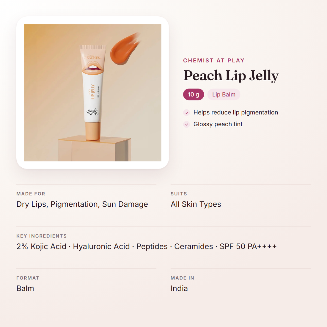 Chemist At Play Peach Lip Jelly (10 g) – at a glance: what it is for, who it suits and key ingredients