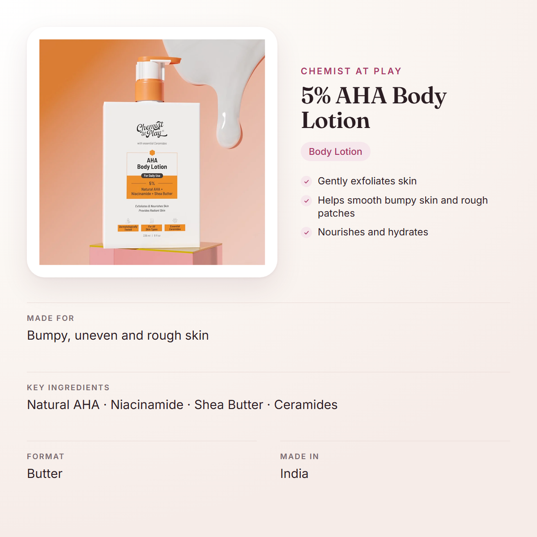 Chemist At Play 5% AHA Body Lotion – at a glance: what it is for, who it suits and key ingredients