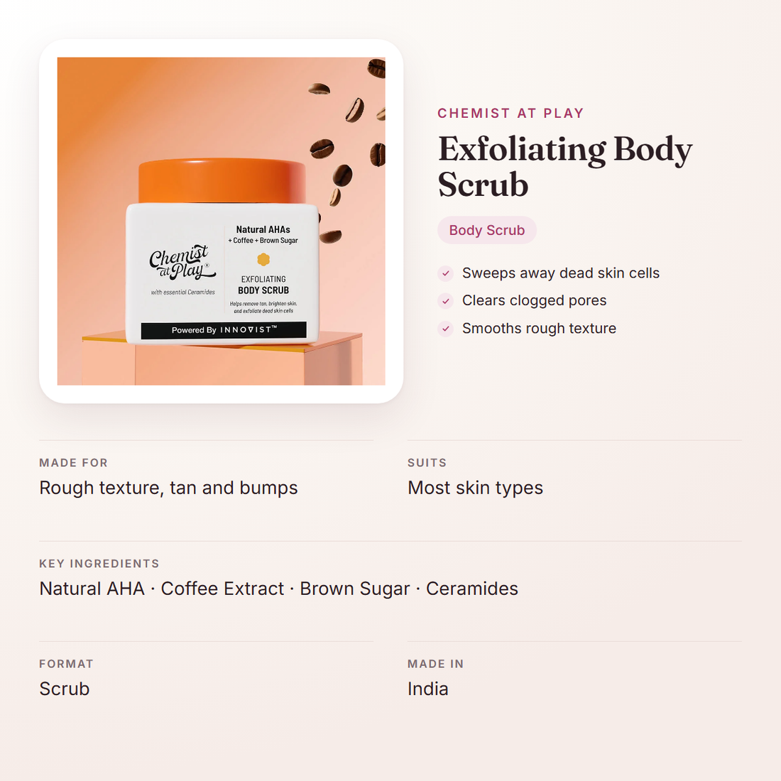 Chemist At Play Exfoliating Body Scrub – at a glance: what it is for, who it suits and key ingredients