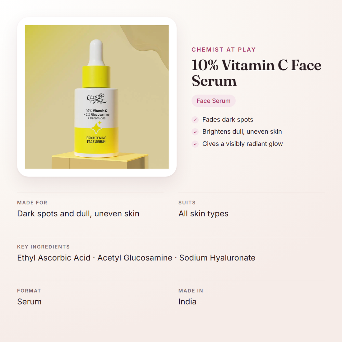 Chemist At Play 10% Vitamin C Face Serum – at a glance: what it is for, who it suits and key ingredients