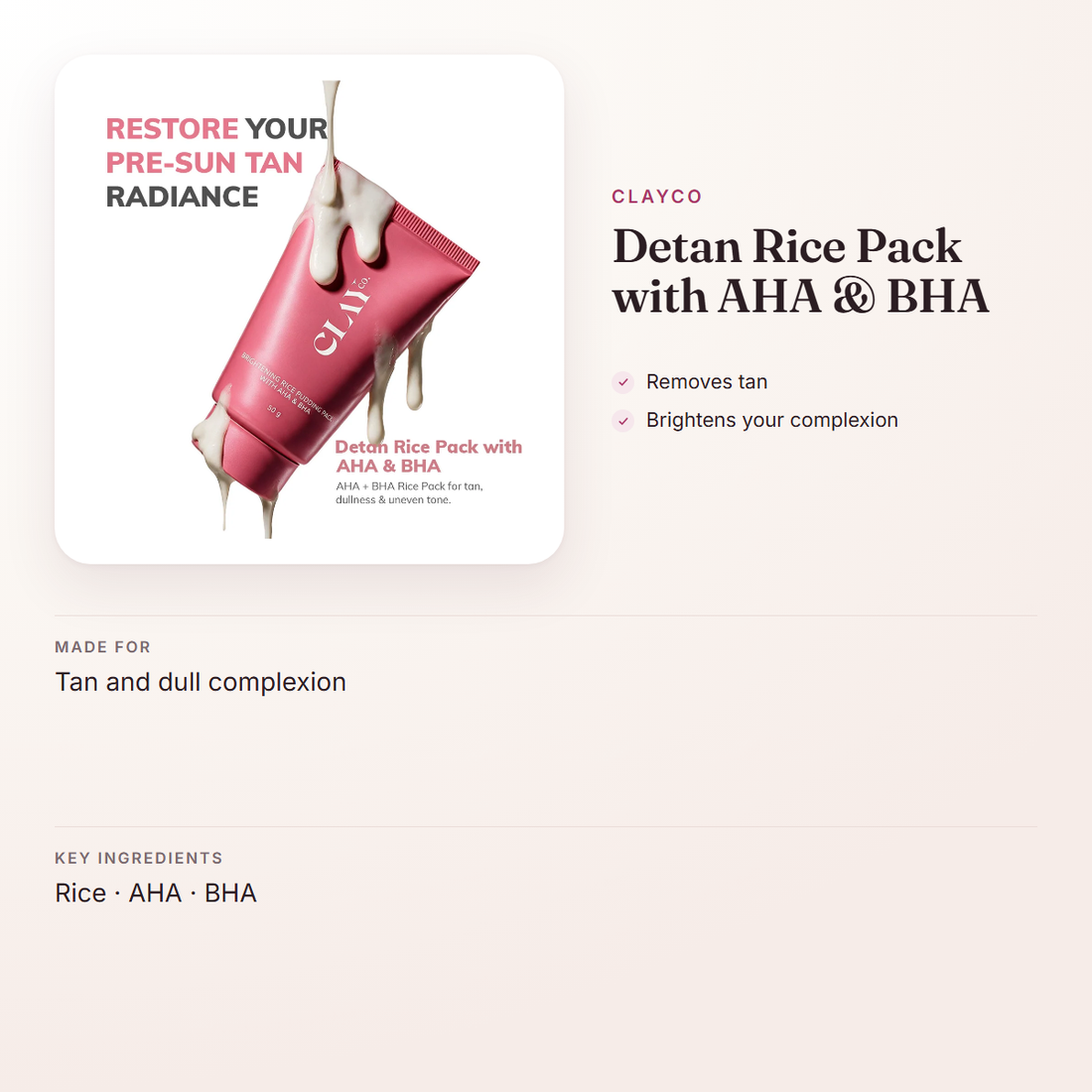 ClayCo Detan Rice Pack with AHA & BHA – at a glance: what it is for, who it suits and key ingredients