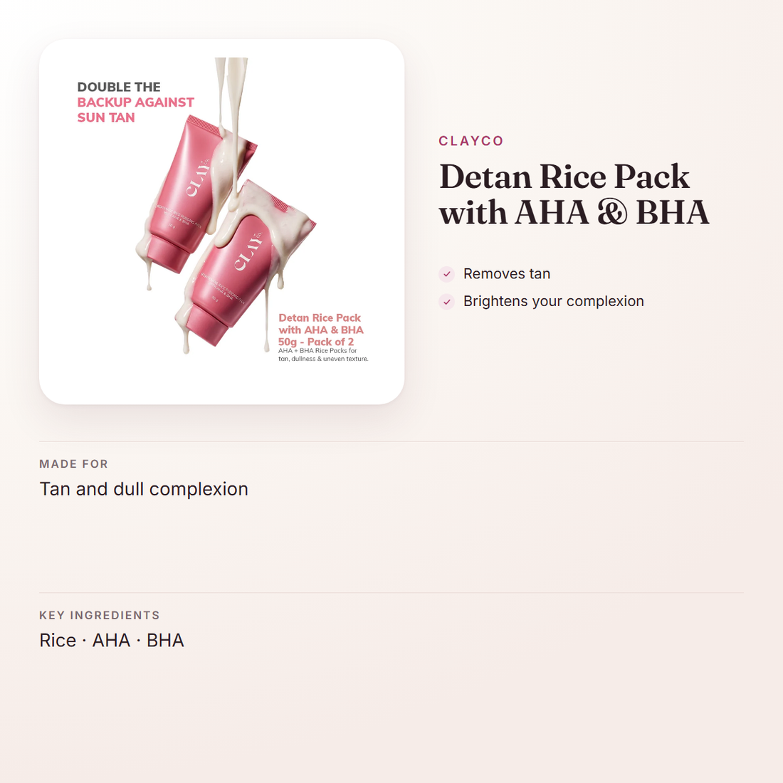 ClayCo Detan Rice Pack with AHA & BHA – at a glance: what it is for, who it suits and key ingredients