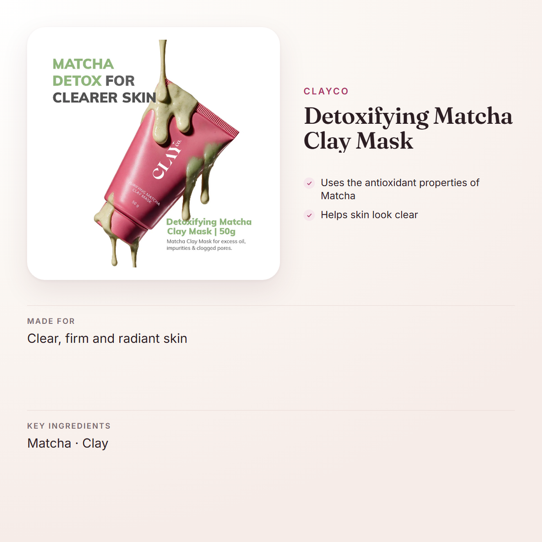 ClayCo Detoxifying Matcha Clay Mask – at a glance: what it is for, who it suits and key ingredients