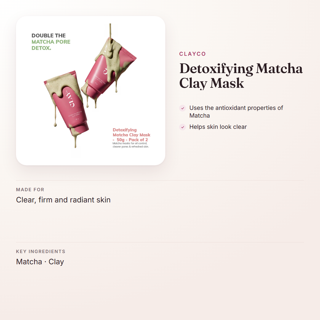 ClayCo Detoxifying Matcha Clay Mask – at a glance: what it is for, who it suits and key ingredients