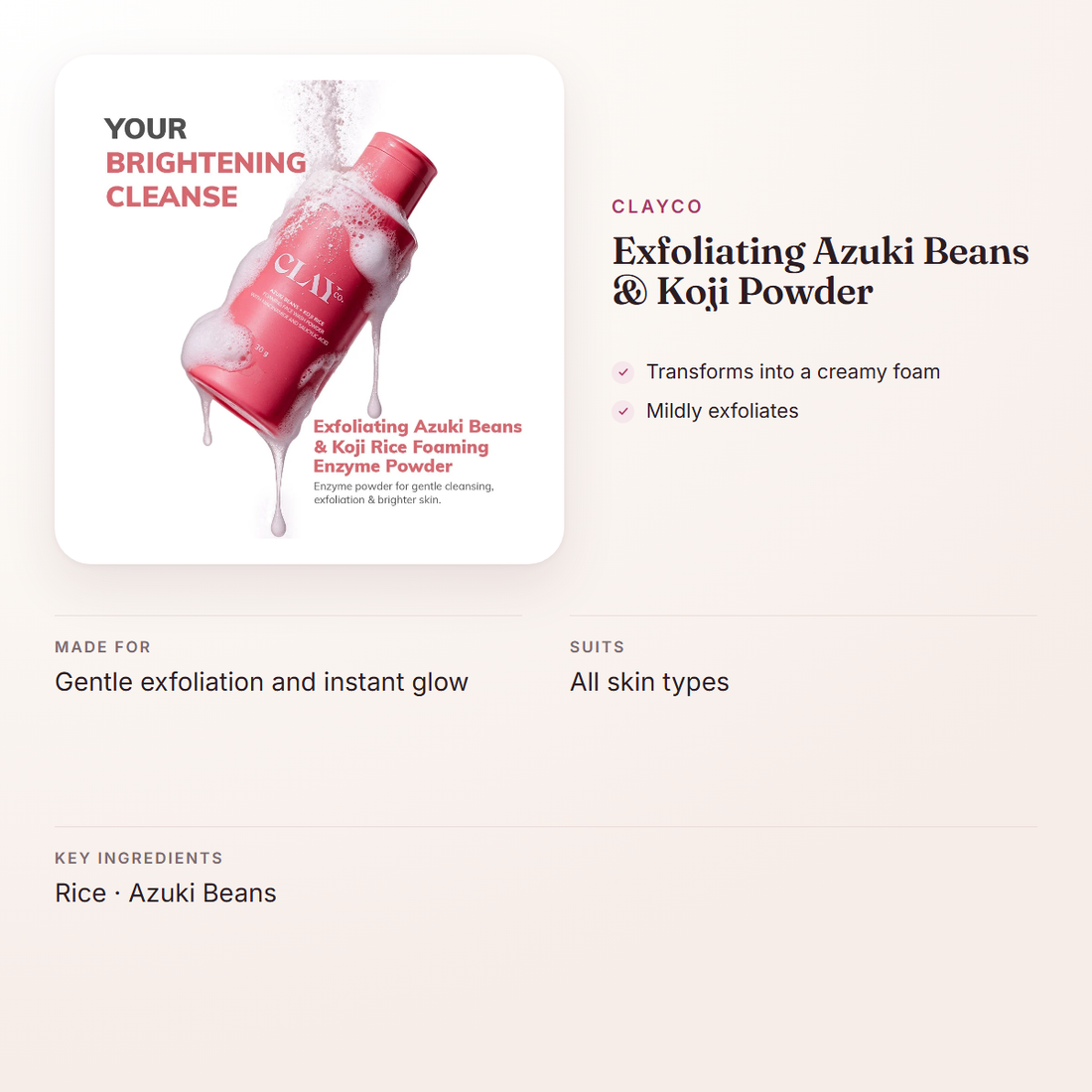 ClayCo Exfoliating Azuki Beans & Koji Powder – at a glance: what it is for, who it suits and key ingredients