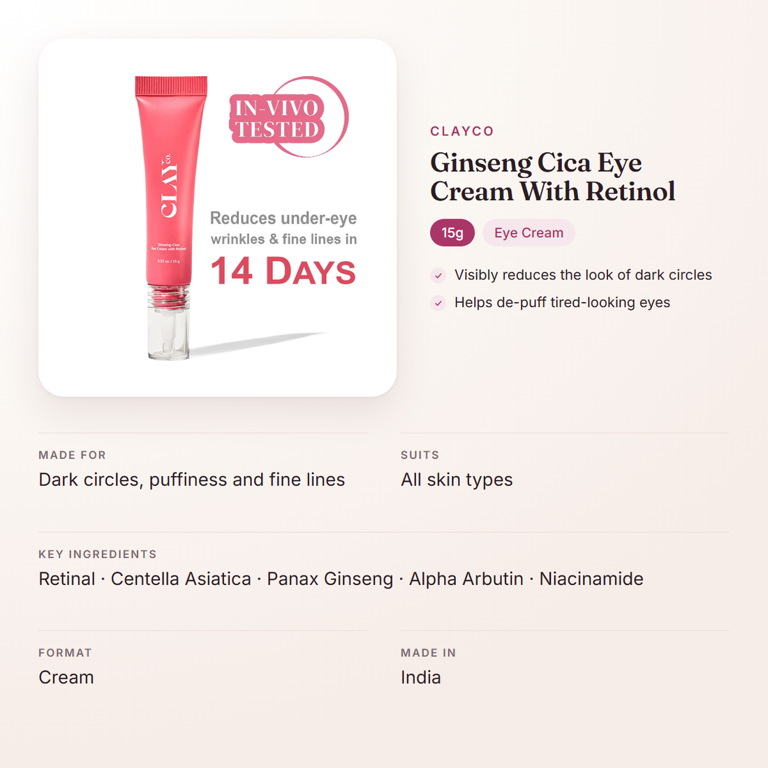 ClayCo Ginseng Cica Eye Cream With Retinol (15g) – at a glance: what it is for, who it suits and key ingredients