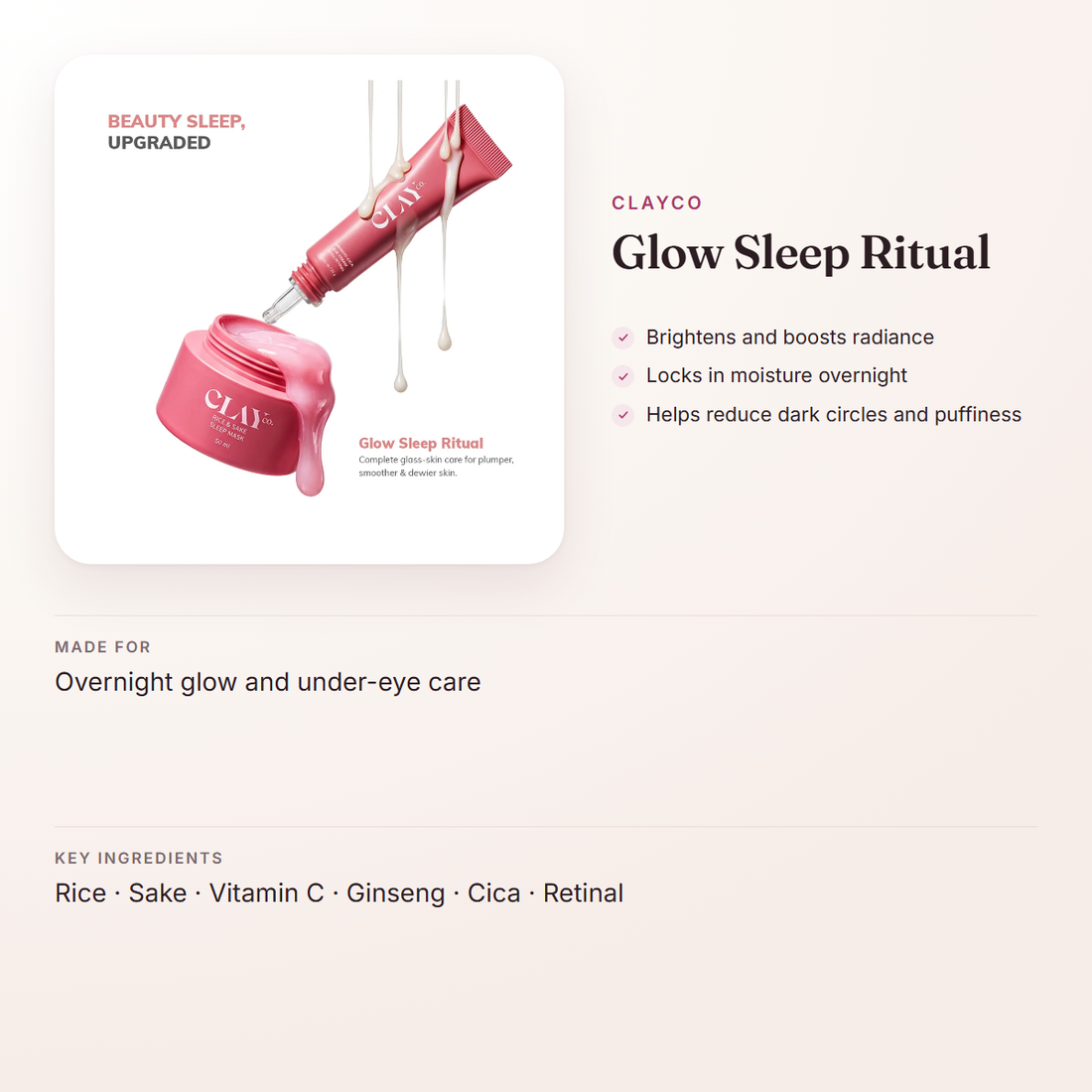 ClayCo Glow Sleep Ritual – at a glance: what it is for, who it suits and key ingredients