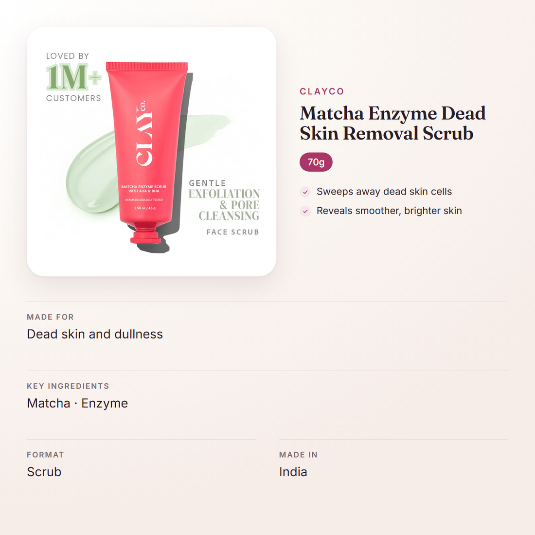 ClayCo Matcha Enzyme Dead Skin Removal Scrub (70g) – at a glance: what it is for, who it suits and key ingredients