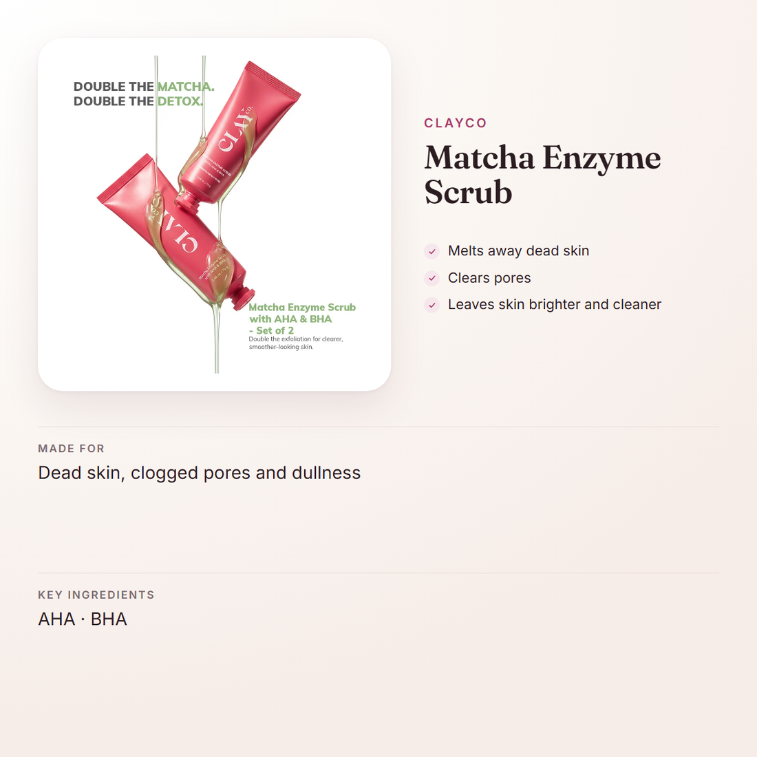 ClayCo Matcha Enzyme Scrub – at a glance: what it is for, who it suits and key ingredients