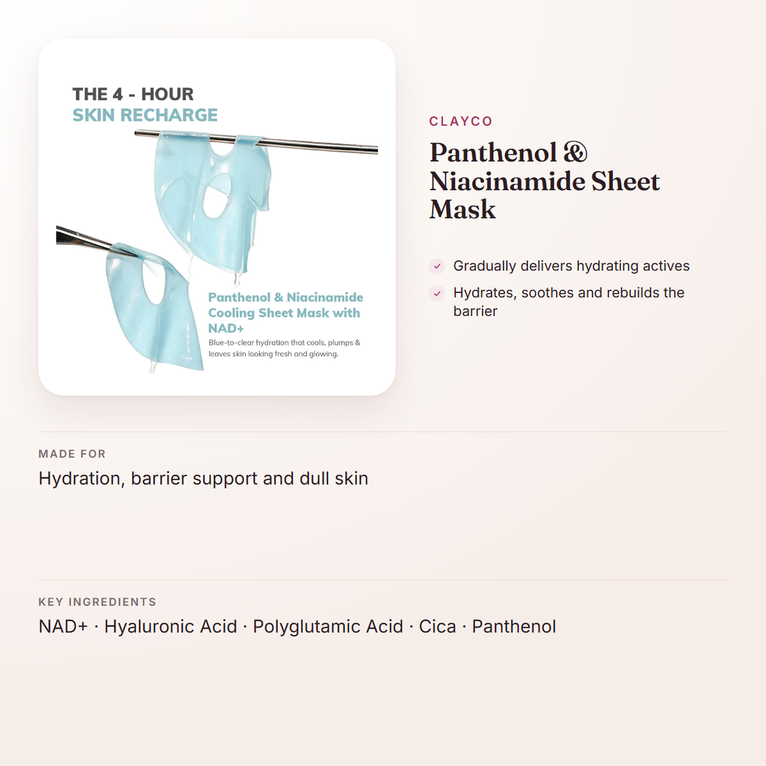 ClayCo Panthenol & Niacinamide Sheet Mask – at a glance: what it is for, who it suits and key ingredients