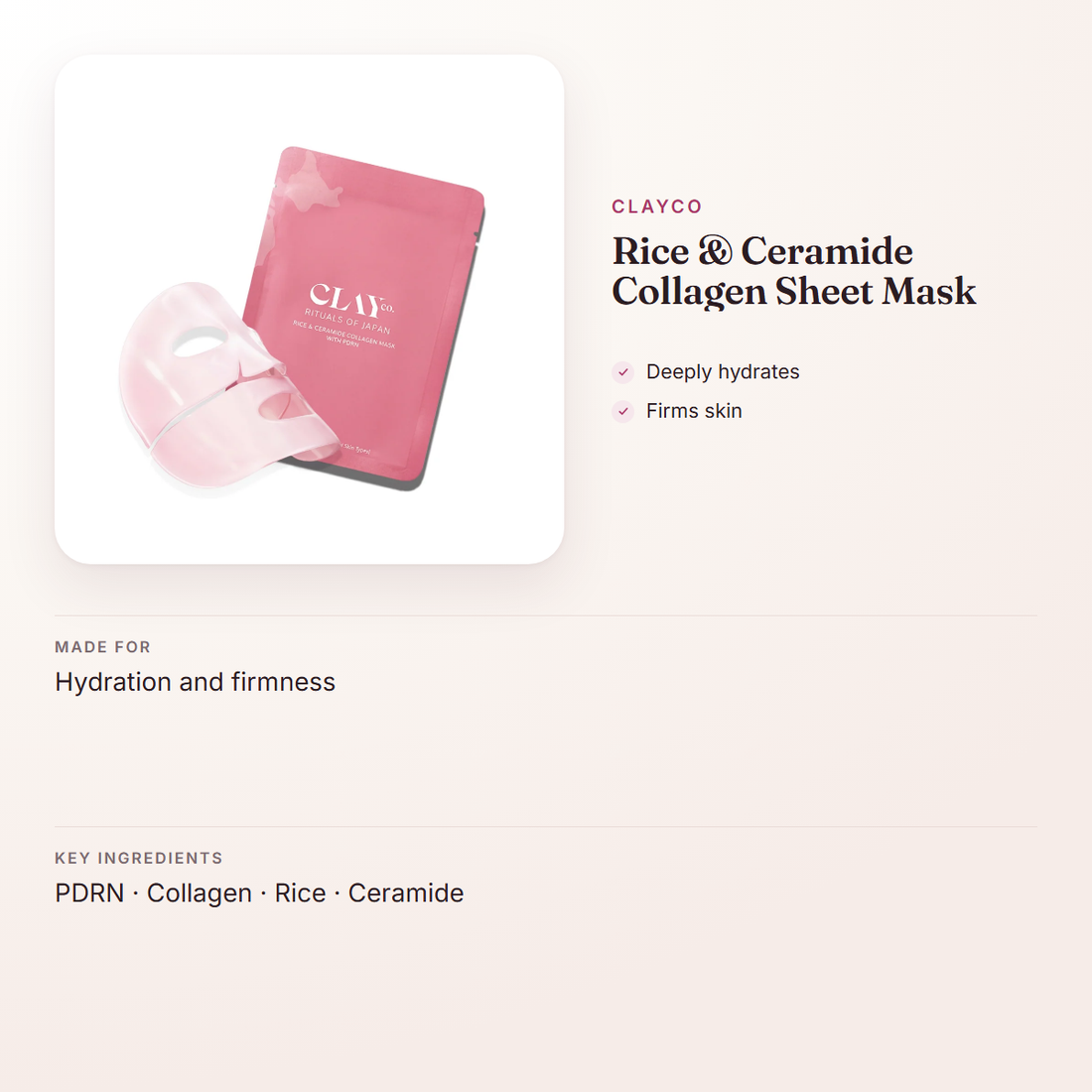 ClayCo Rice & Ceramide Collagen Sheet Mask – at a glance: what it is for, who it suits and key ingredients
