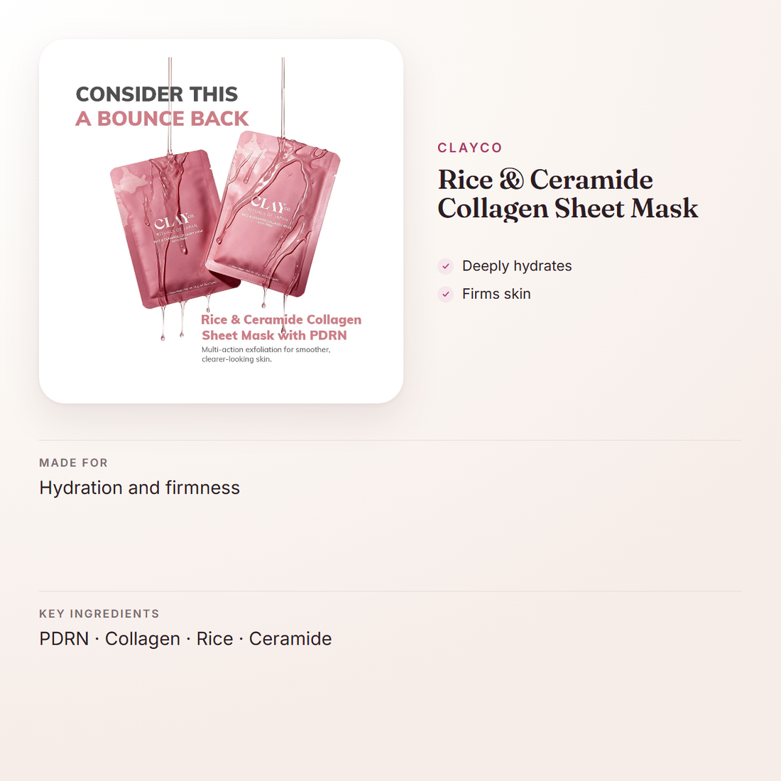 ClayCo Rice & Ceramide Collagen Sheet Mask – at a glance: what it is for, who it suits and key ingredients