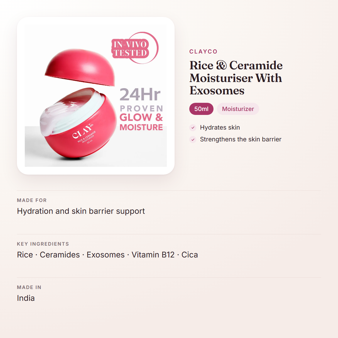 ClayCo Rice & Ceramide Moisturiser With Exosomes (50ml) – at a glance: what it is for, who it suits and key ingredients