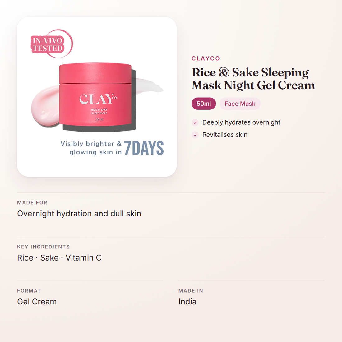 ClayCo Rice & Sake Sleeping Mask Night Gel Cream (50ml) – at a glance: what it is for, who it suits and key ingredients