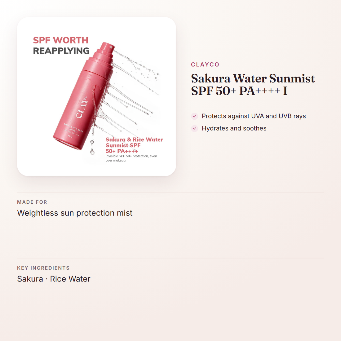 ClayCo Sakura Water Sunmist SPF 50+ PA++++ I – at a glance: what it is for, who it suits and key ingredients