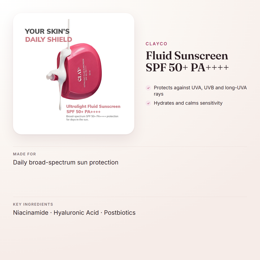 ClayCo Fluid Sunscreen SPF 50+ PA++++ – at a glance: what it is for, who it suits and key ingredients