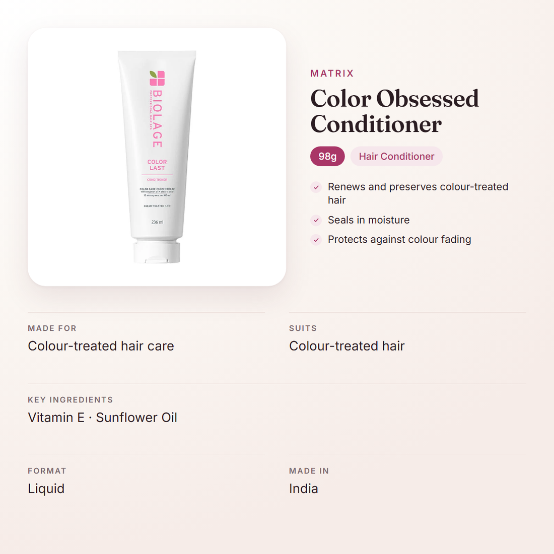 Matrix Color Obsessed Conditioner (98g) – at a glance: what it is for, who it suits and key ingredients
