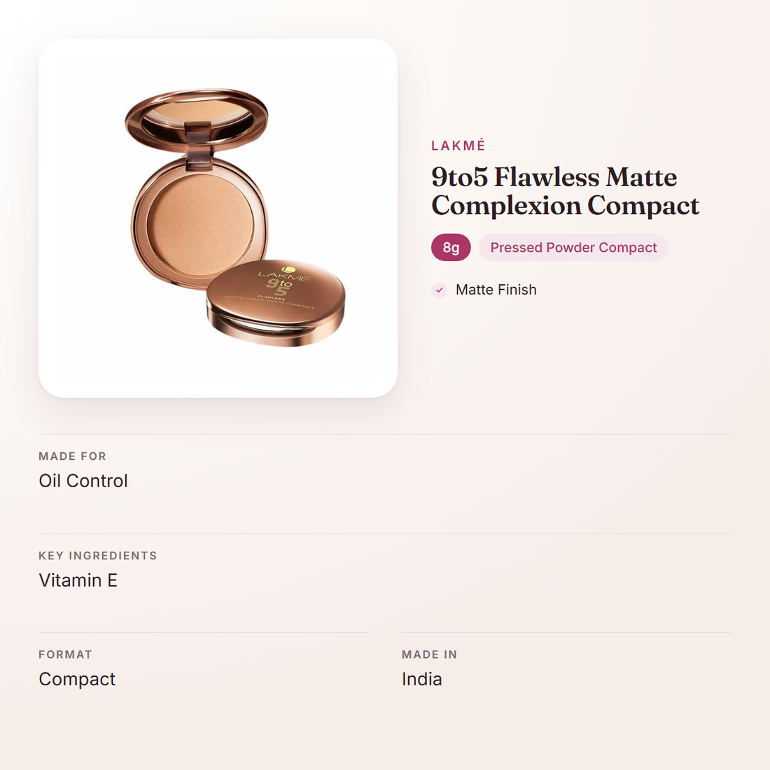 Lakmé 9to5 Flawless Matte Complexion Compact (8g) – at a glance: what it is for, who it suits and key ingredients
