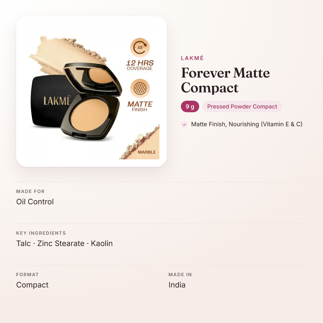 Lakmé Forever Matte Compact (9 g) – at a glance: what it is for, who it suits and key ingredients