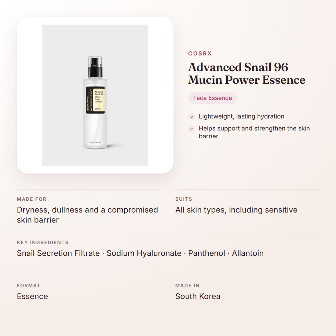 COSRX Advanced Snail 96 Mucin Power Essence – at a glance: what it is for, who it suits and key ingredients