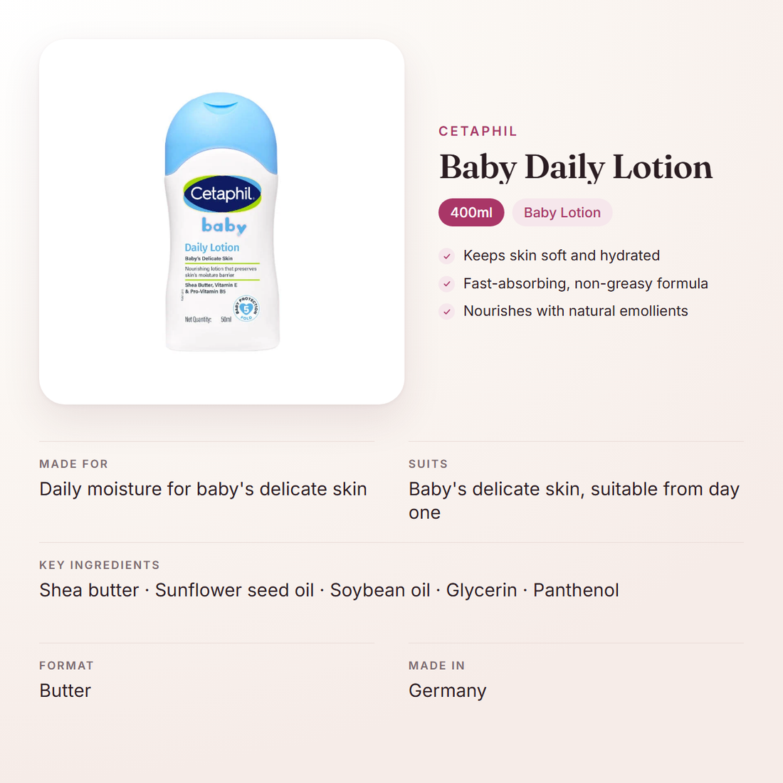 Cetaphil Baby Daily Lotion (400ml) – at a glance: what it is for, who it suits and key ingredients