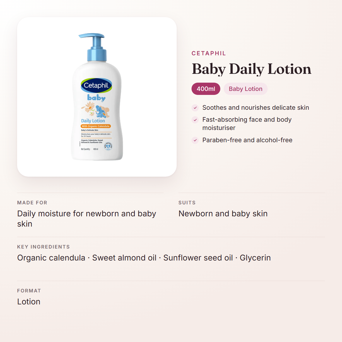 Cetaphil Baby Daily Lotion (400ml) – at a glance: what it is for, who it suits and key ingredients