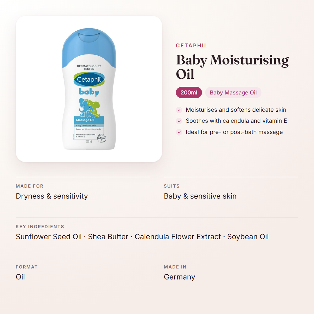 Cetaphil Baby Moisturising Oil (200ml) – at a glance: what it is for, who it suits and key ingredients