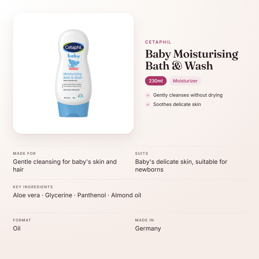 Cetaphil Baby Moisturising Bath & Wash (230ml) – at a glance: what it is for, who it suits and key ingredients