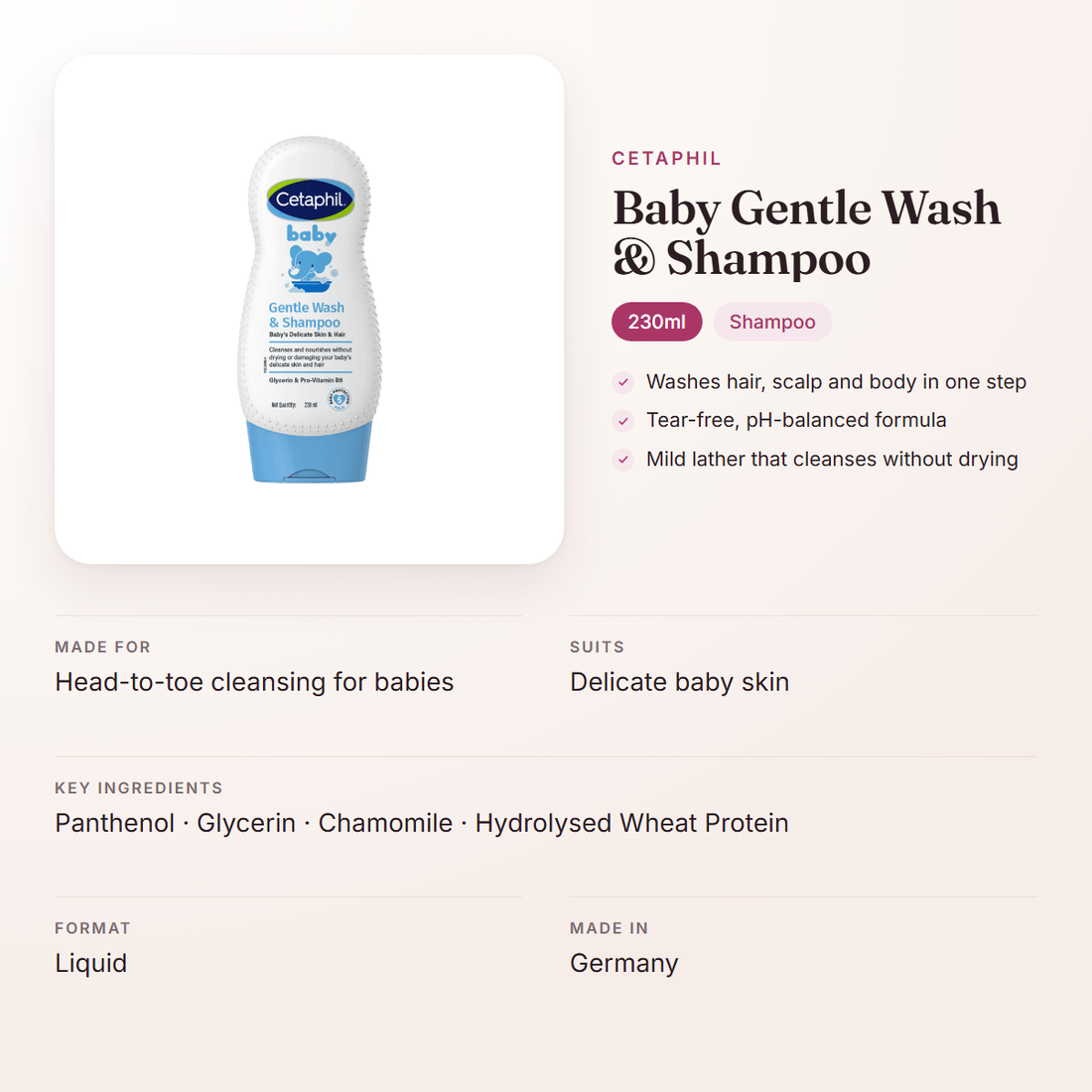 Cetaphil Baby Gentle Wash & Shampoo (230ml) – at a glance: what it is for, who it suits and key ingredients
