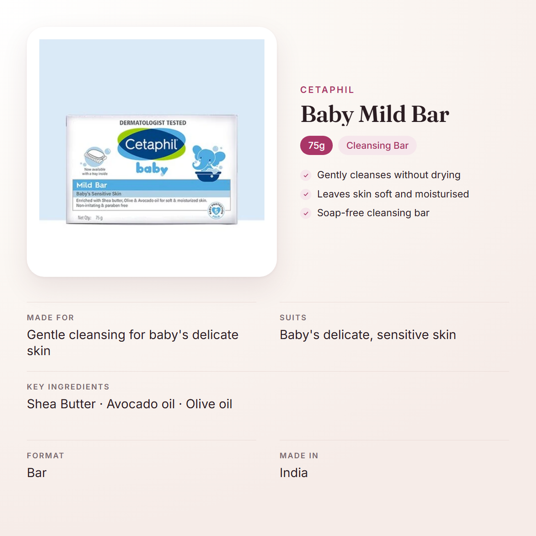 Cetaphil Baby Mild Bar (75g) – at a glance: what it is for, who it suits and key ingredients