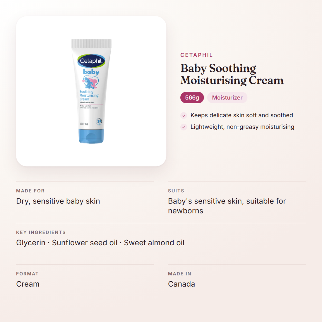 Cetaphil Baby Soothing Moisturising Cream (566g) – at a glance: what it is for, who it suits and key ingredients