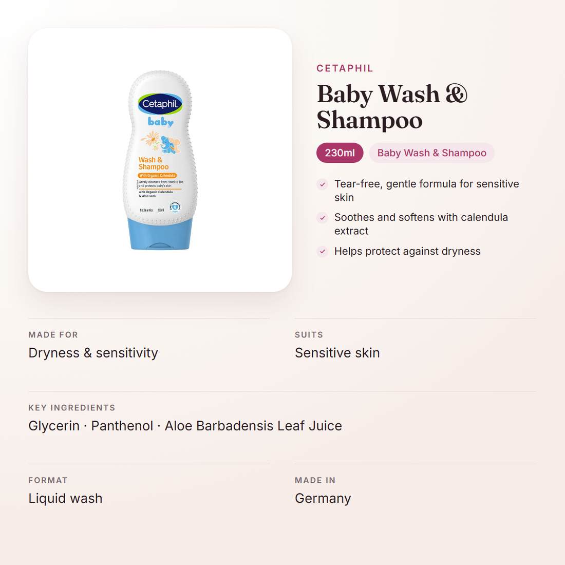 Cetaphil Baby Wash & Shampoo (230ml) – at a glance: what it is for, who it suits and key ingredients