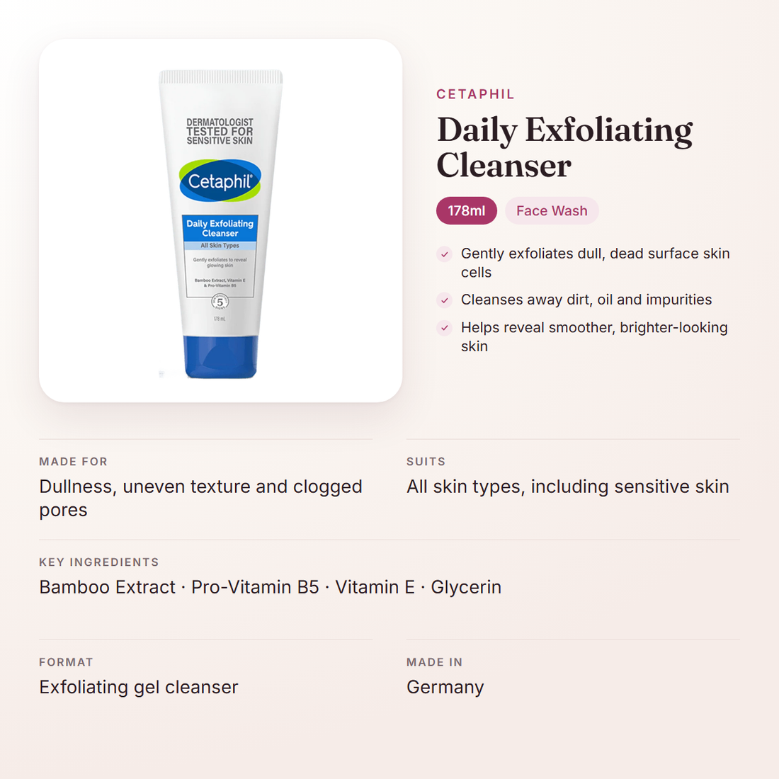 Cetaphil Daily Exfoliating Cleanser (178ml) – at a glance: what it is for, who it suits and key ingredients