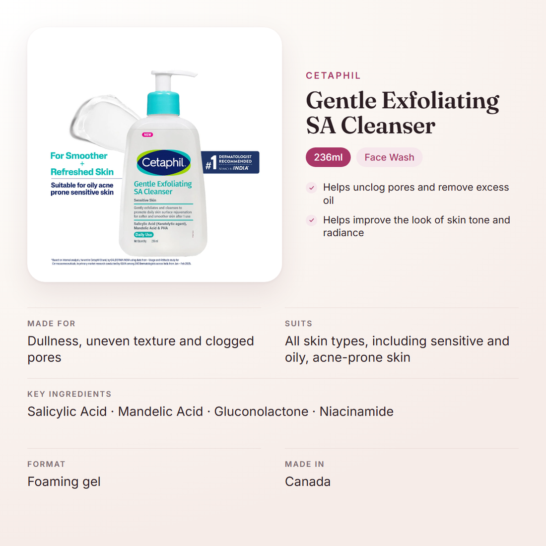 Cetaphil Gentle Exfoliating SA Cleanser (236ml) – at a glance: what it is for, who it suits and key ingredients