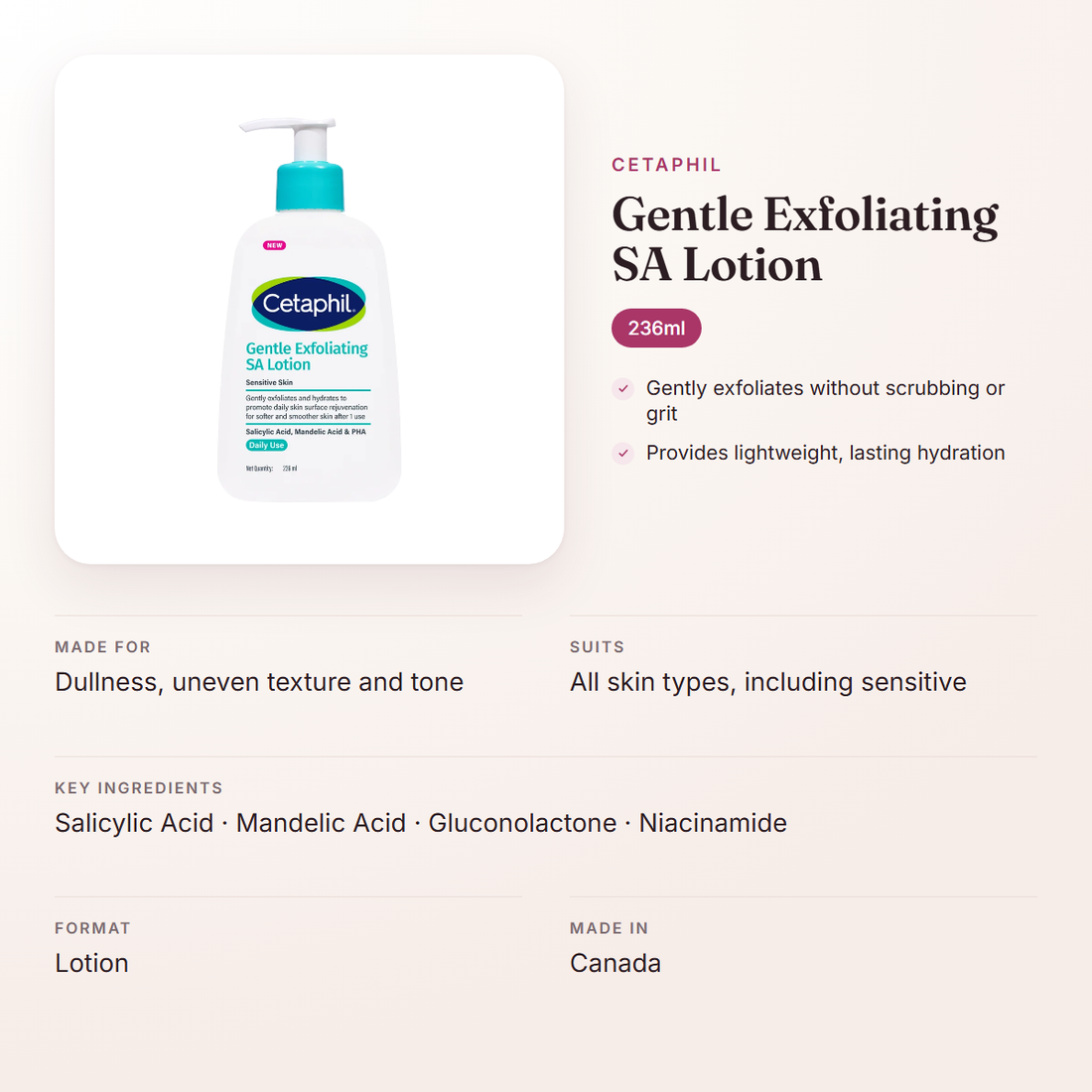 Cetaphil Gentle Exfoliating SA Lotion (236ml) – at a glance: what it is for, who it suits and key ingredients
