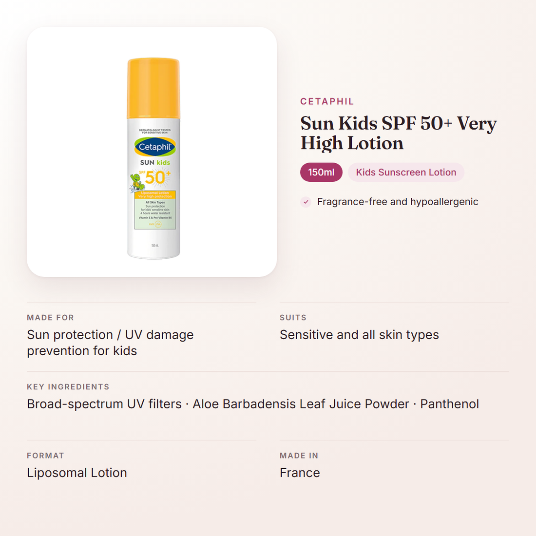 Cetaphil Sun Kids SPF 50+ Very High Lotion (150ml) – at a glance: what it is for, who it suits and key ingredients