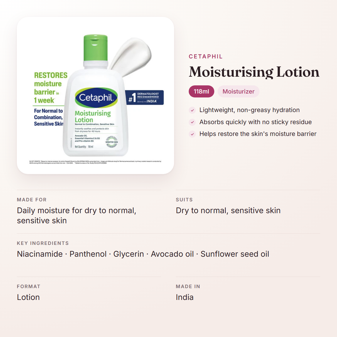 Cetaphil Moisturising Lotion (118ml) – at a glance: what it is for, who it suits and key ingredients