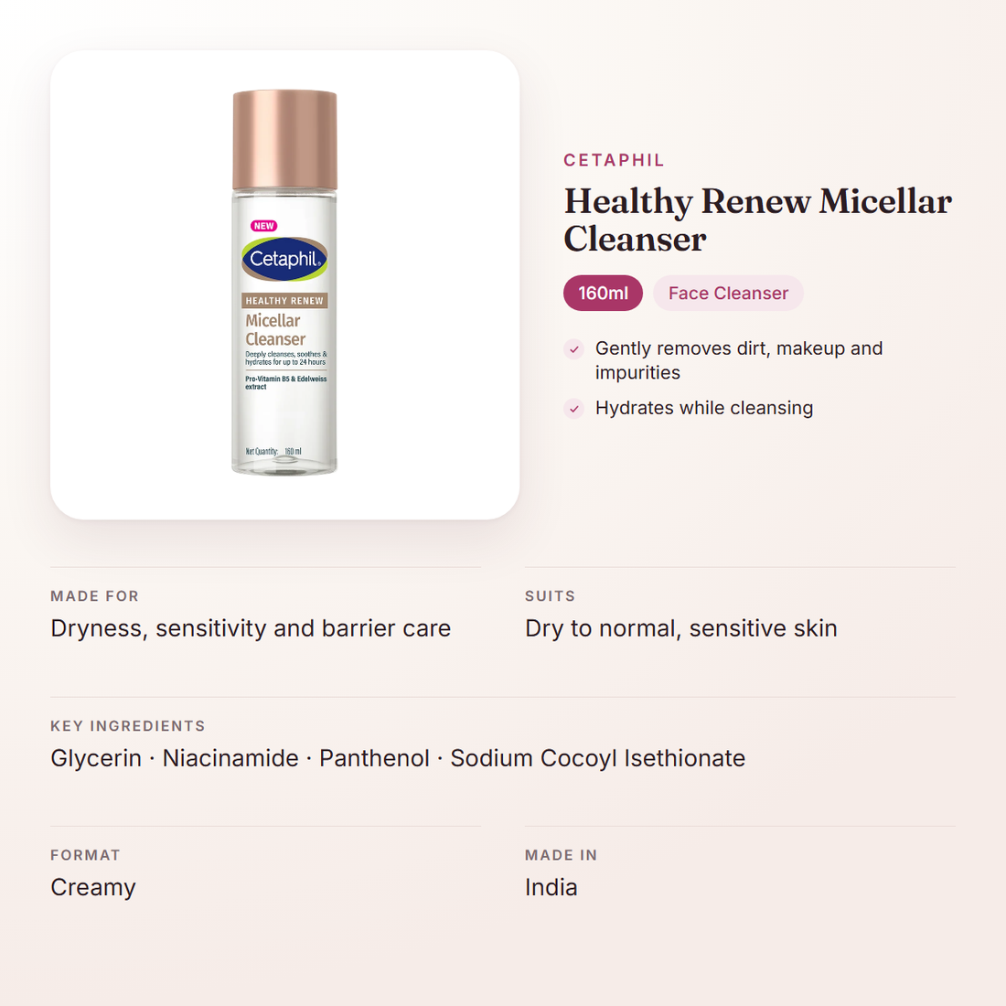 Cetaphil Healthy Renew Micellar Cleanser (160ml) – at a glance: what it is for, who it suits and key ingredients