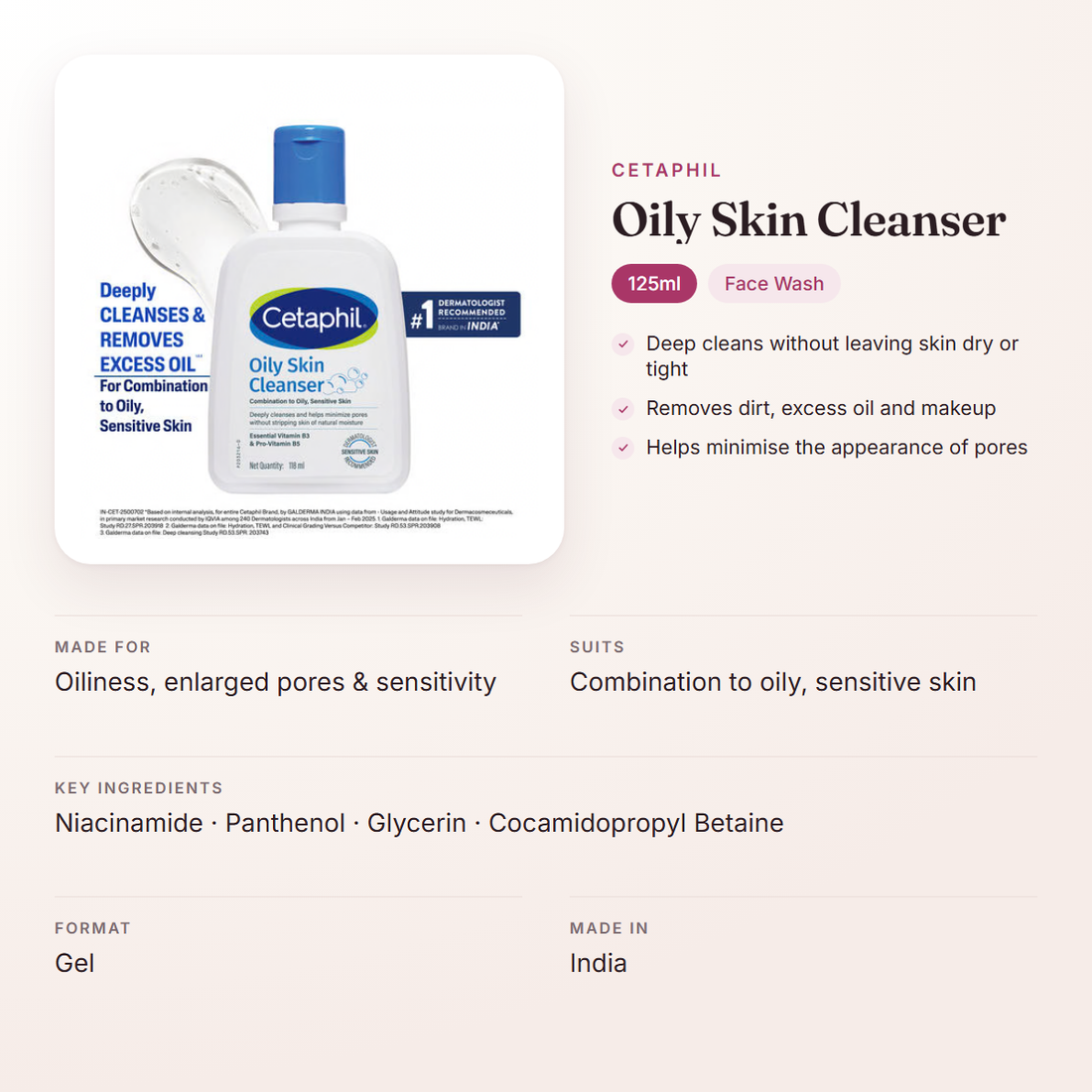 Cetaphil Oily Skin Cleanser (125ml) – at a glance: what it is for, who it suits and key ingredients