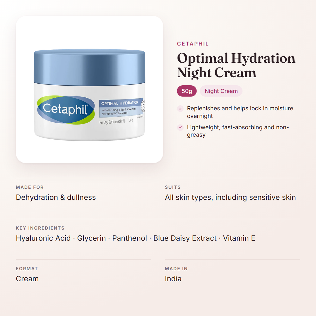 Cetaphil Optimal Hydration Night Cream (50g) – at a glance: what it is for, who it suits and key ingredients