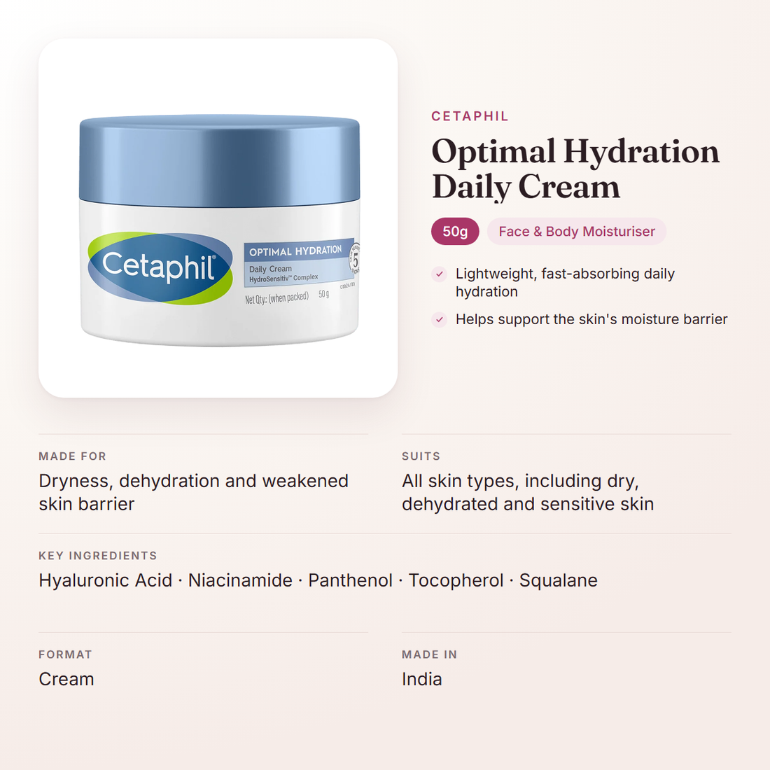 Cetaphil Optimal Hydration Daily Cream (50g) – at a glance: what it is for, who it suits and key ingredients