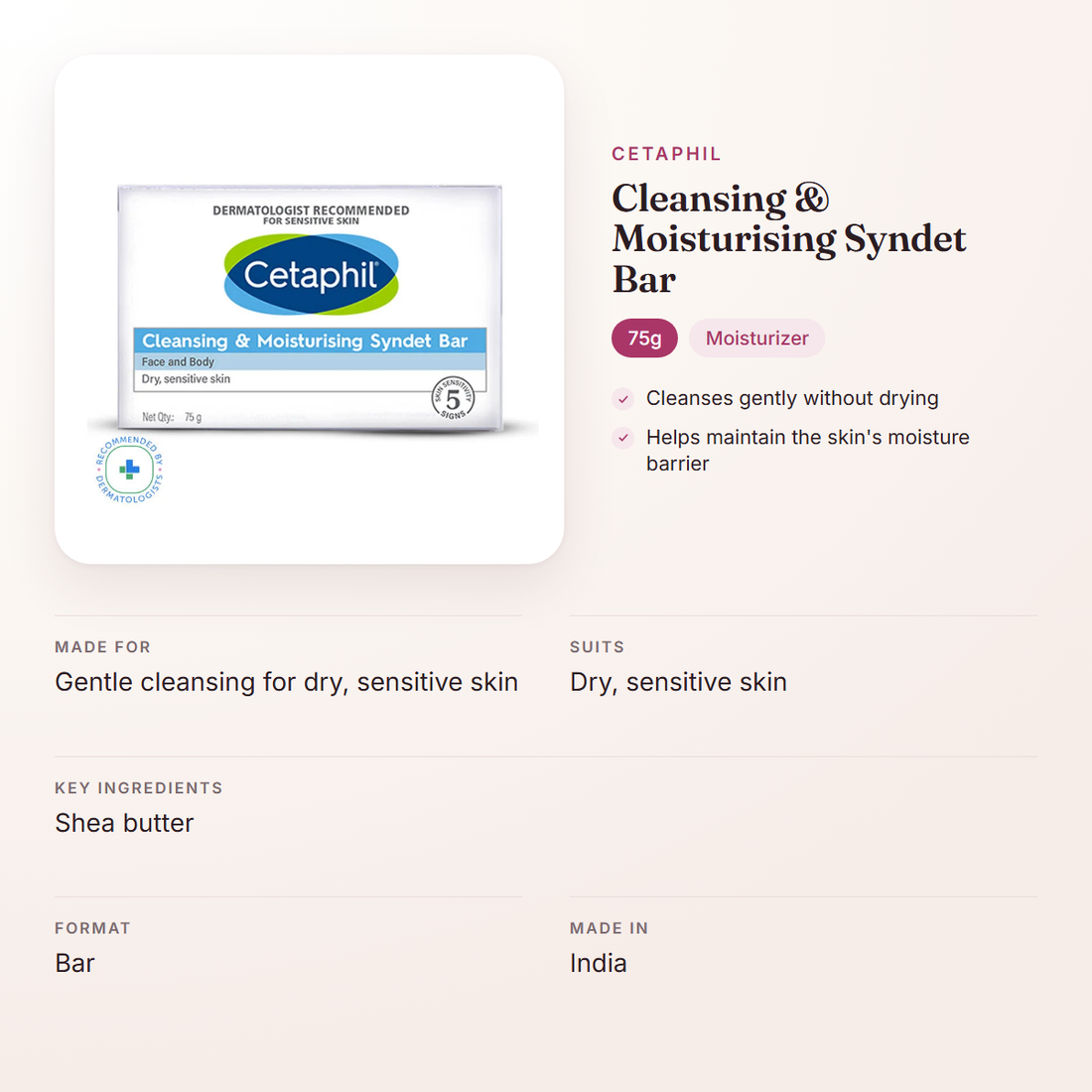 Cetaphil Cleansing & Moisturising Syndet Bar (75g) – at a glance: what it is for, who it suits and key ingredients