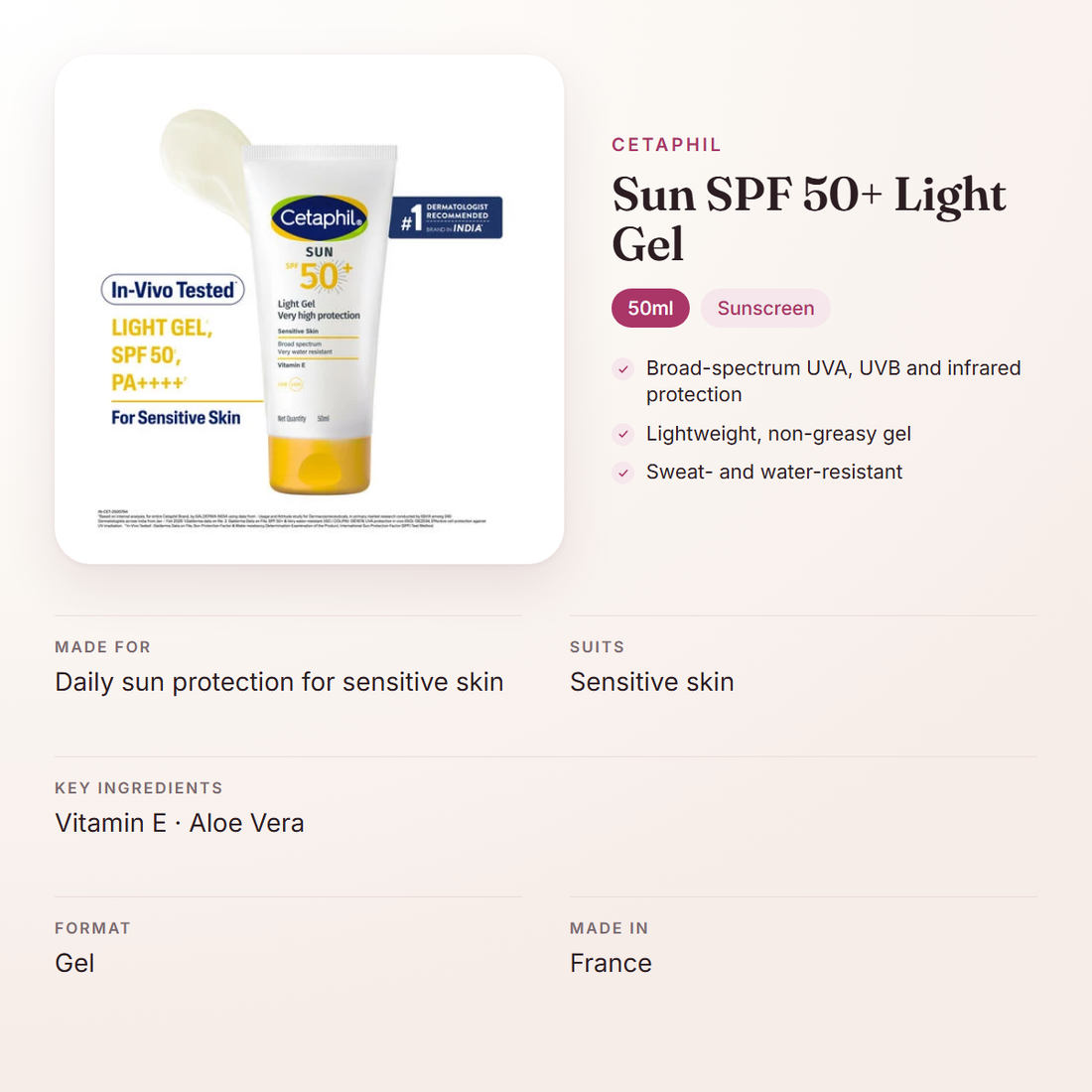 Cetaphil Sun SPF 50+ Light Gel (50ml) – at a glance: what it is for, who it suits and key ingredients