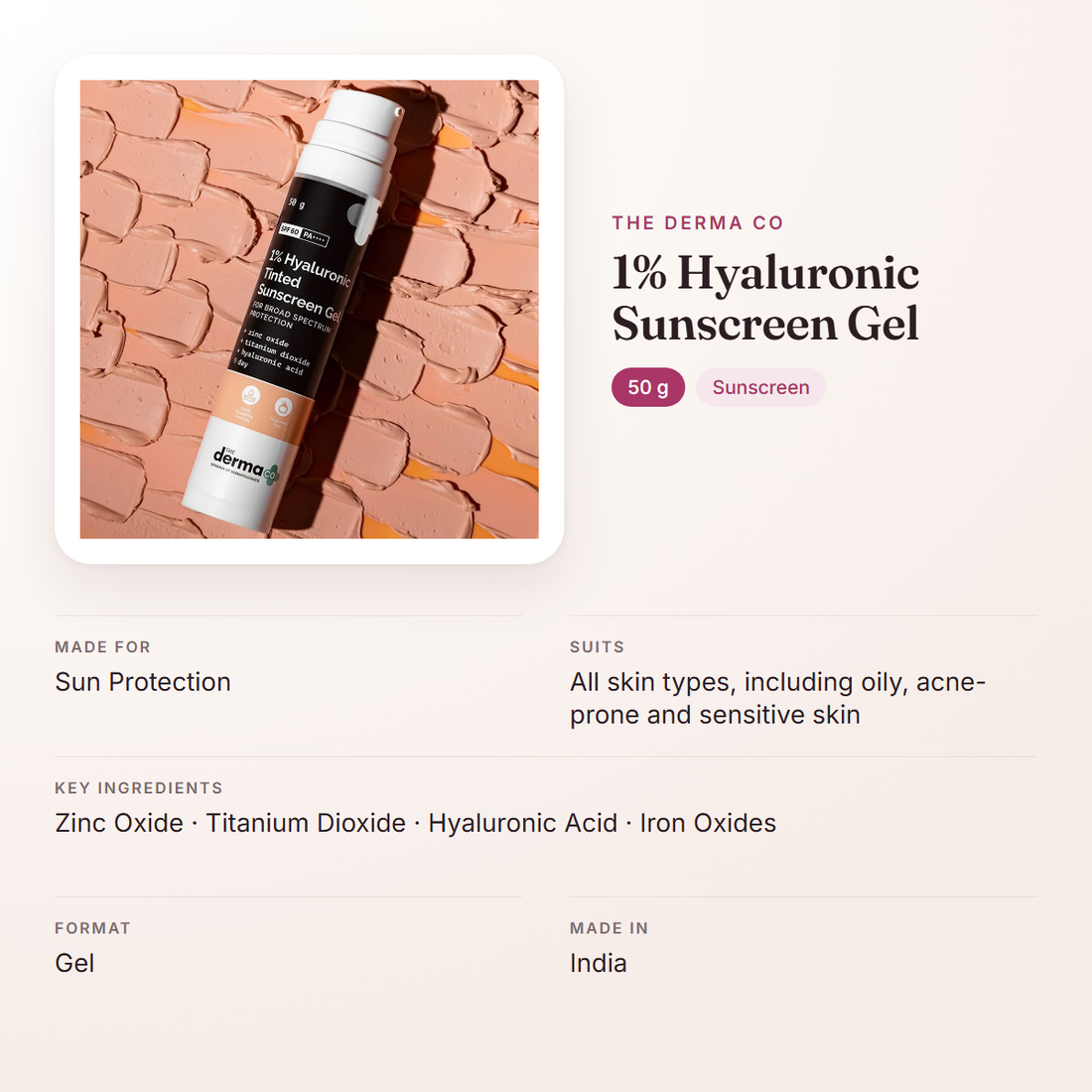 The Derma Co 1% Hyaluronic Sunscreen Gel (50 g) – at a glance: what it is for, who it suits and key ingredients