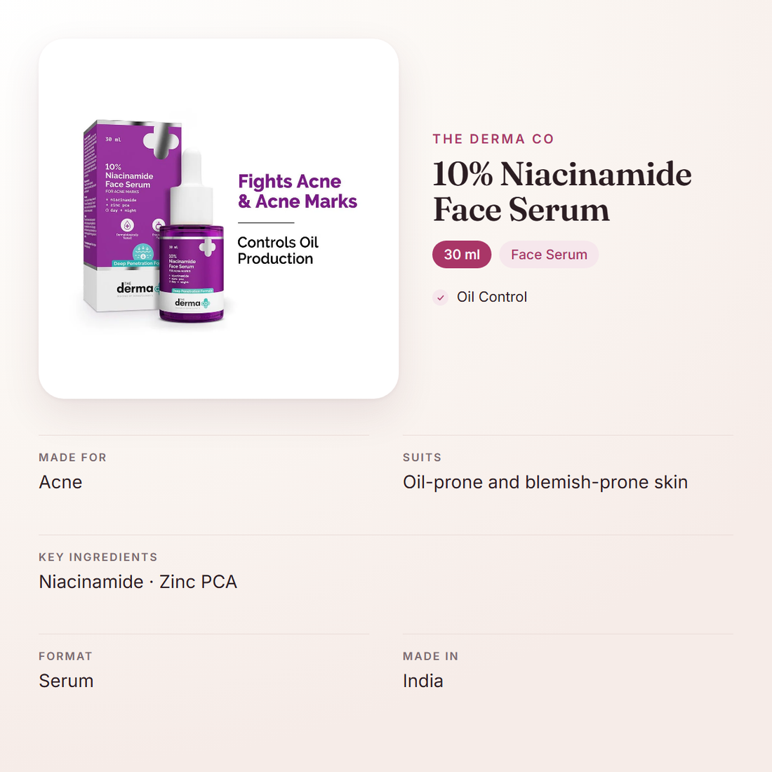 The Derma Co 10% Niacinamide Face Serum (30 ml) – at a glance: what it is for, who it suits and key ingredients