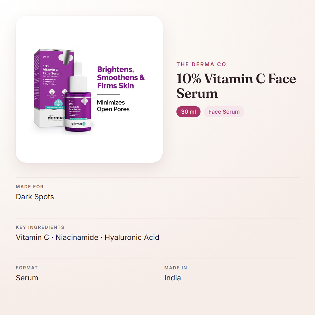 The Derma Co 10% Vitamin C Face Serum (30 ml) – at a glance: what it is for, who it suits and key ingredients