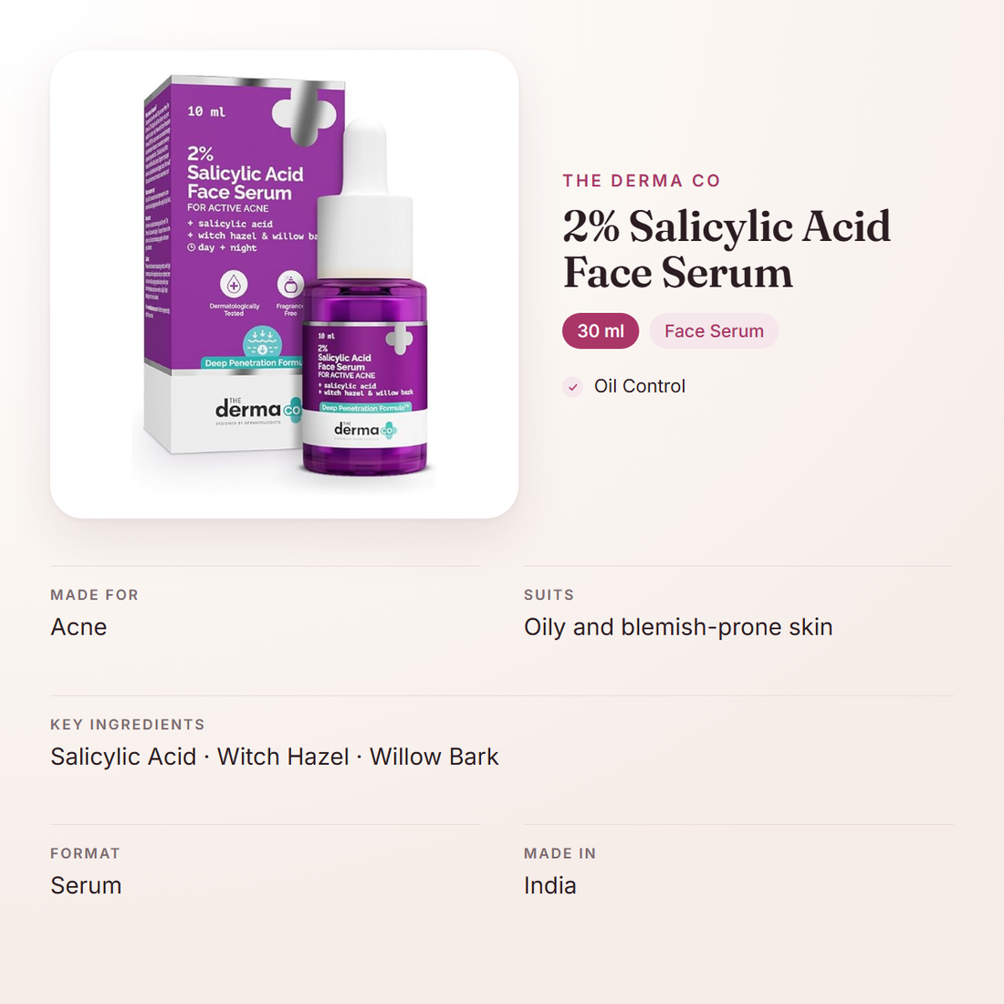 The Derma Co 2% Salicylic Acid Face Serum (30 ml) – at a glance: what it is for, who it suits and key ingredients