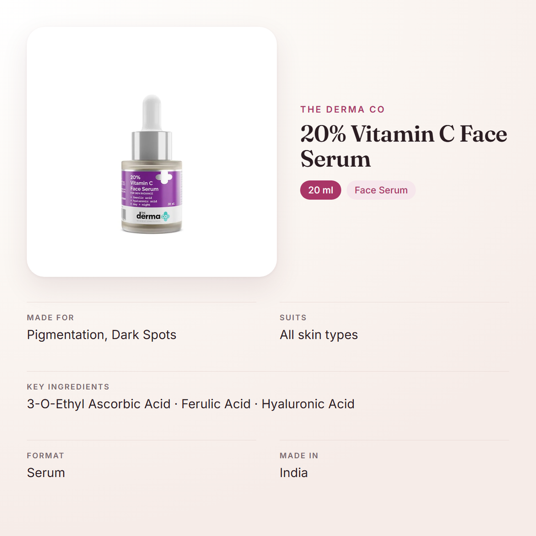 The Derma Co 20% Vitamin C Face Serum (20 ml) – at a glance: what it is for, who it suits and key ingredients