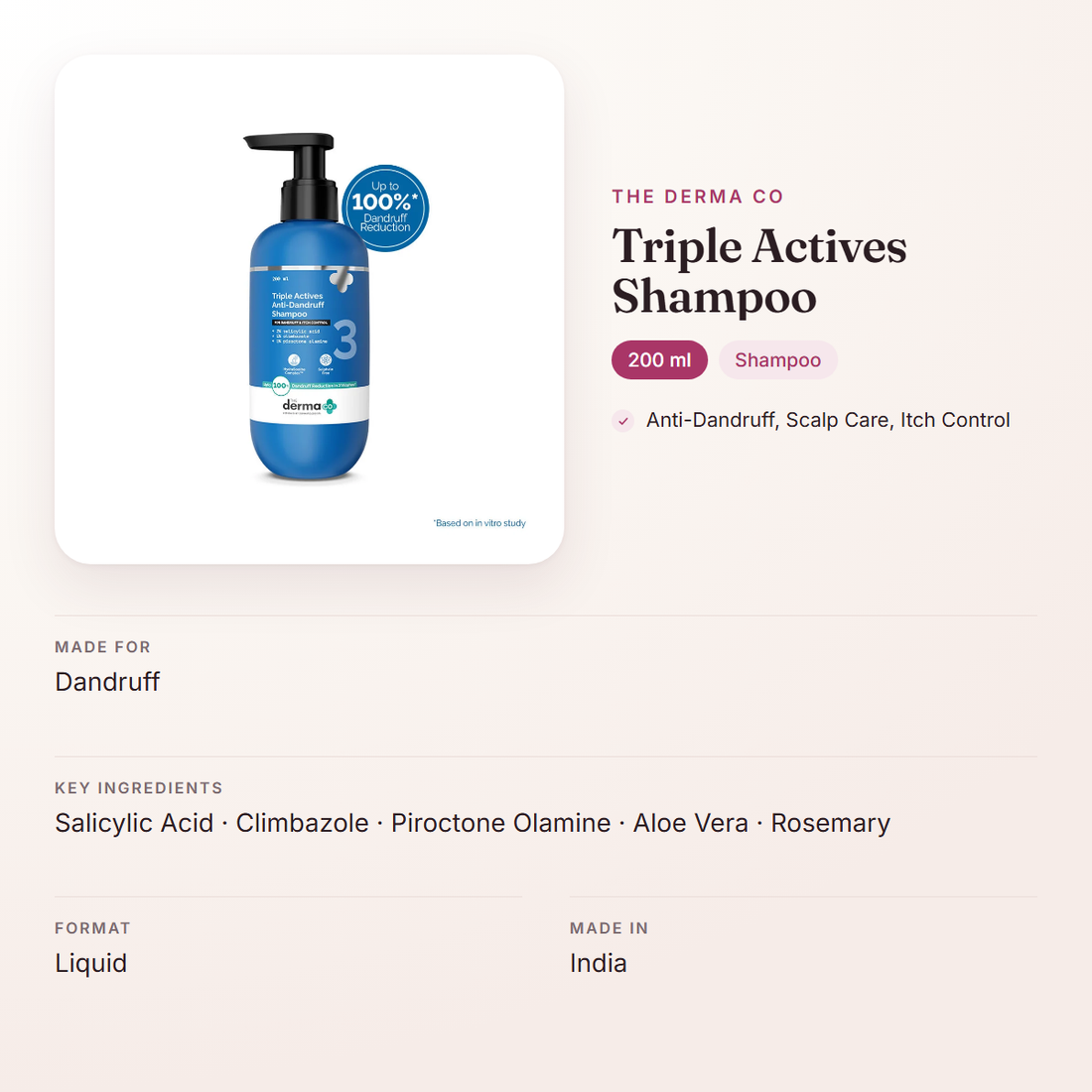 The Derma Co Triple Actives Shampoo (200 ml) – at a glance: what it is for, who it suits and key ingredients